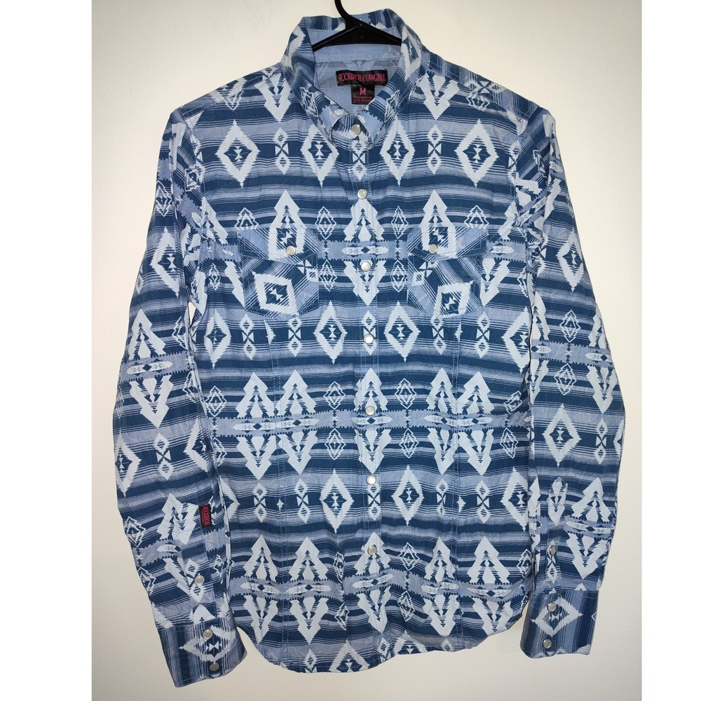 Rock and Roll Cowgirl Womens Blue Aztec Geometric Western Snap Shirt Medium